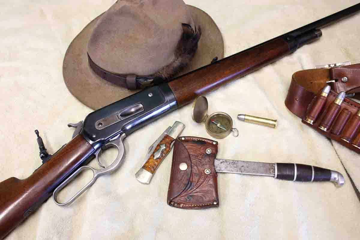 Harvey enjoys hunting with old rifles like his .45-70 M1886 Winchester. Older accessories, like this 1930’s Winchester lock-back folding knife, old Boker hatchet and vintage brass compass usually go along.